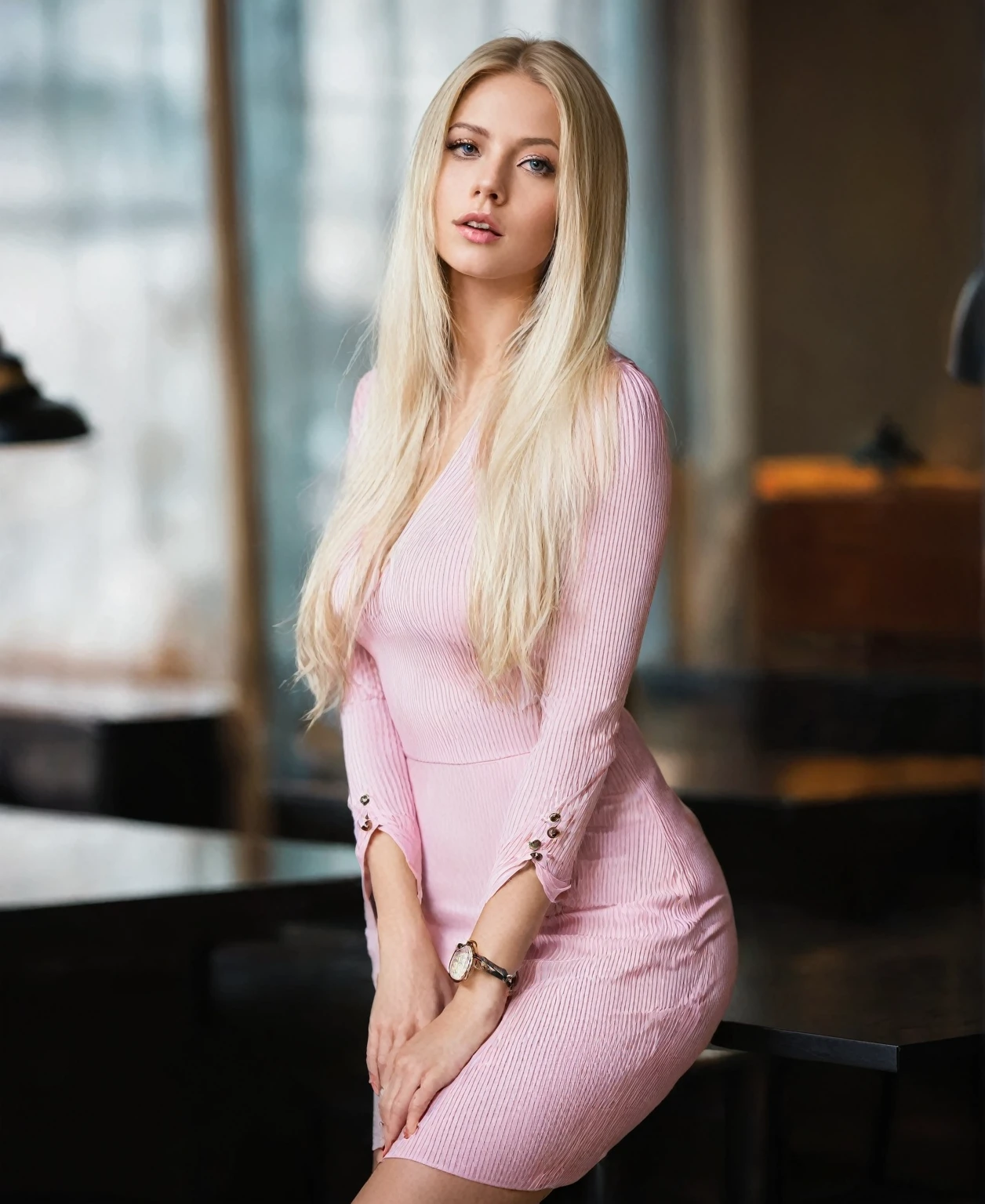 blond woman in pink dress sitting on a table in a room, beautiful blonde girl, tight dress, beautiful blonde woman, blonde woman, dressed in a pink dress, blonde women, skintight dress, blonde girl, sexy girl with long blonde hair, Anna Nikonova aka Newmilky, attractive girl, wearing a pink dress, pink dress, Style of Julia Razumova