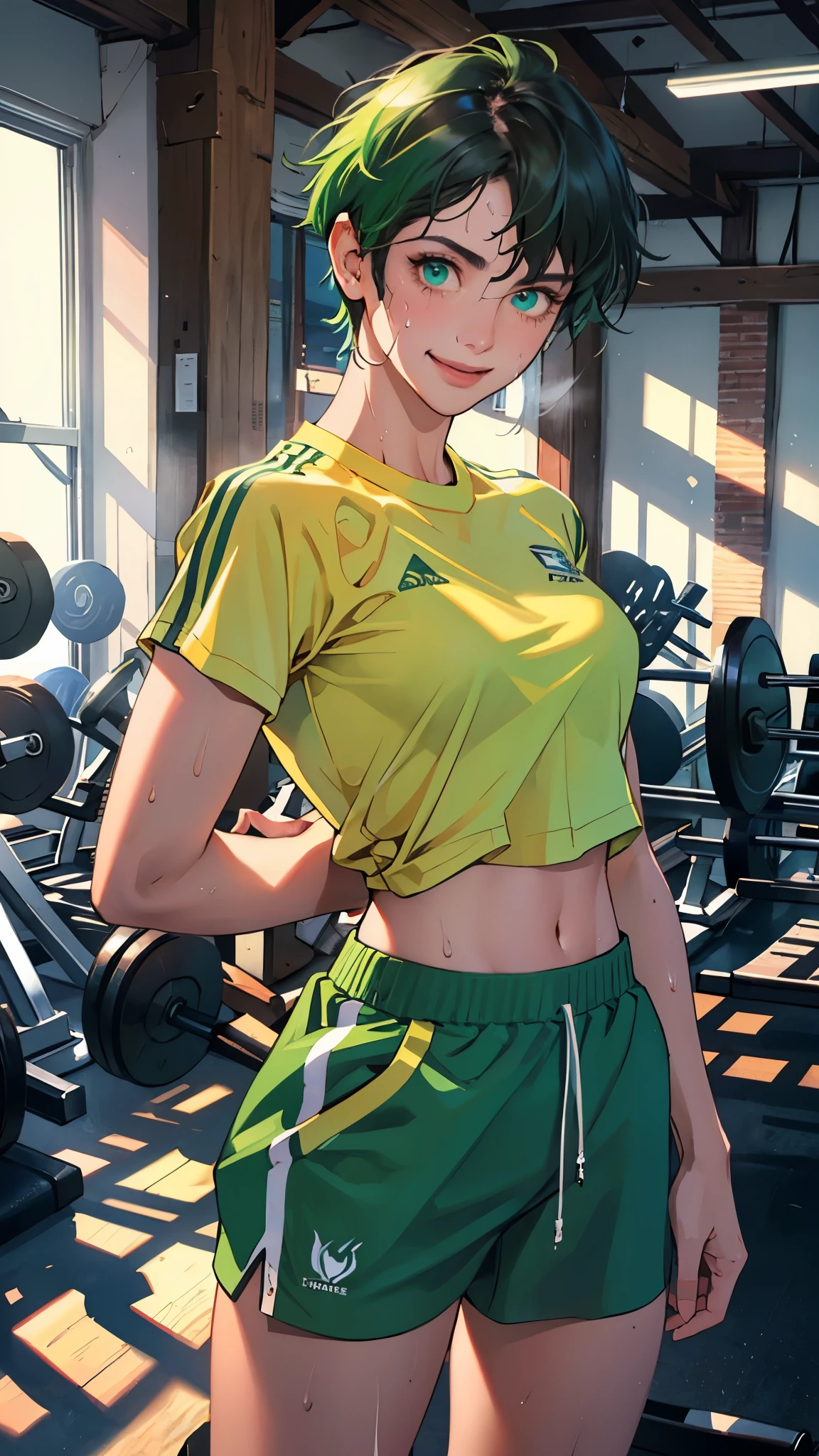 ((((masterpiece, best quality, high resolution)))), Extremely detailed 8K, 1 female, wearing a white crop top and black gym shorts, (Ultra HD, Ultra-detailed, Highly detailed, Highly realistic, Ultra-realistic, photograph realistic), (1girl:1.5), (Realistic green short hair), (dynamic poses), facing at camera, looking at viewer, (a smiling face), (regular hazel eyes, sharp eyes), (perky breasts:1.2), (beautiful detailed face, beautiful detailed eyes), ((slightly sweating)), (preparing for a workout), sweat, glow, (sunbeam, sunlight), ((cowboy shot)), gym background, seductive, EnvyBetterHands LoCon,