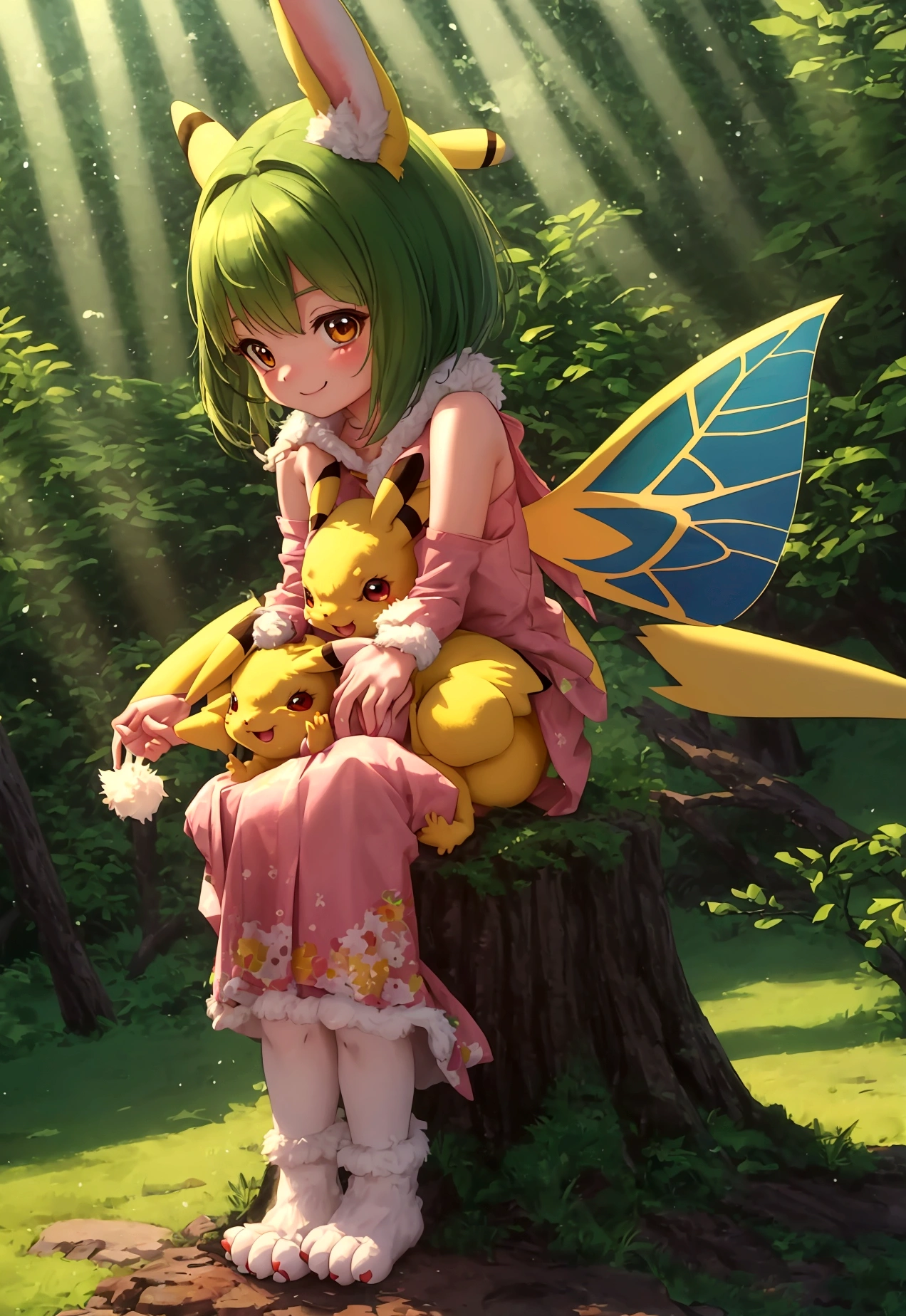 Highest quality, masterpiece, Ultra-high resolution, Fluffy fur overall, rabbit, tail, limbs are short , Detailed hands, Detailed feet, smile, Detailed fingers, Small children, Fairy, Anime Style, The hair tips are light green, Small enough to sit on an adult's shoulders, Sunlight filtering through the trees, Fantasy, in the forest, on the stump, Are standing, looking at the camera, Hairy, Small ears, Mascot character, animal, Pikachu