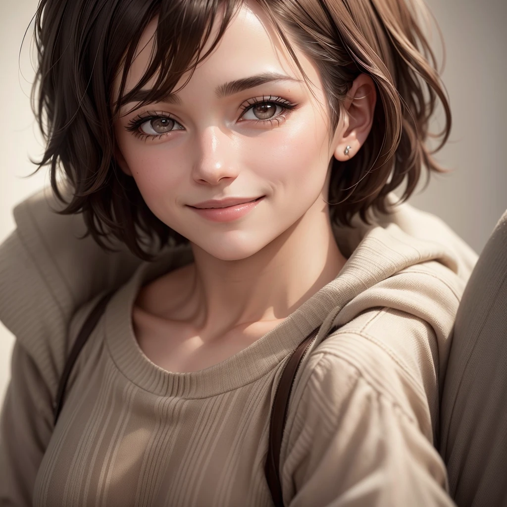 an adult woman, very short hair, with the parting of the hair to the side, It is brown with some white gray hair., Brown eyes, smiling, has a maternal aura, He is of medium build, close up image for profile photo