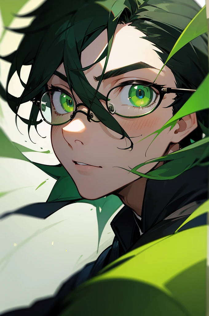 (masterpiece, best quality, perfect face, expressive eyes), 1boy, (anime), (male), (adult), (black hair), green gradient hair, green eyes, black scholar robes, (green tainted glasses), black gloves.