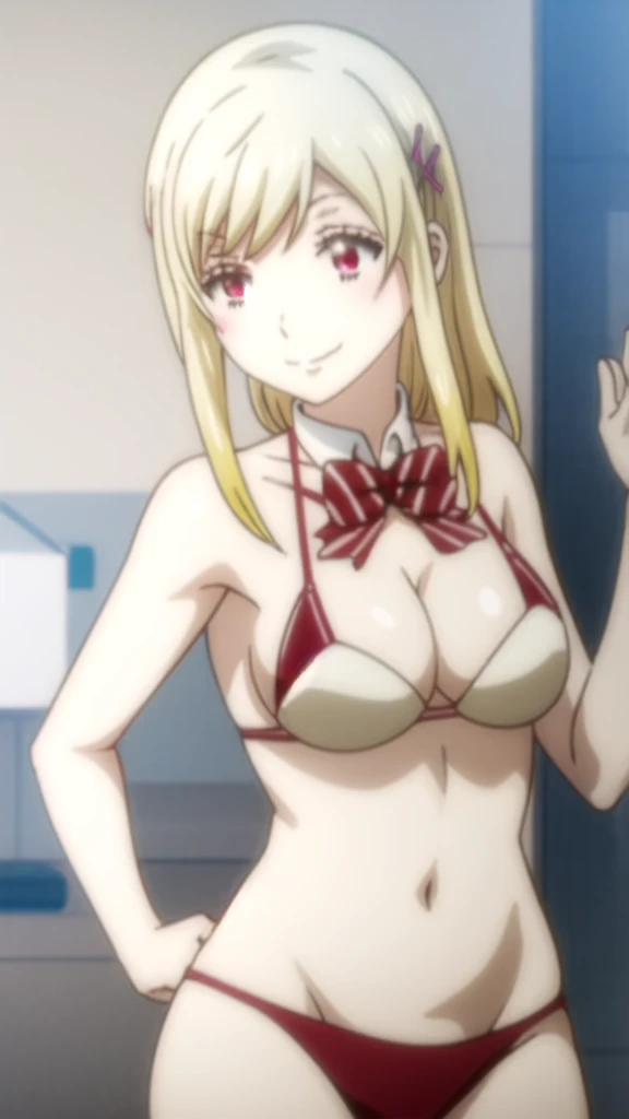 Dos anime girl in a black bikini with long hair and big breasts, seductive anime girl, beautiful seductive anime , oppai, beautiful and seductive anime woman, erza scarlet as a real person, female anime character, Best Anime Girl, wears a bathing suit, With big breasts, attractive anime girl, oppai proportions, in an anime, (anime girl) Yamada mocking smile_yellow, 1chica , by rubio, alone, wide, hair ornament, , smile, bow, red eyes my dress darling anime, beautiful seductress anime anime
