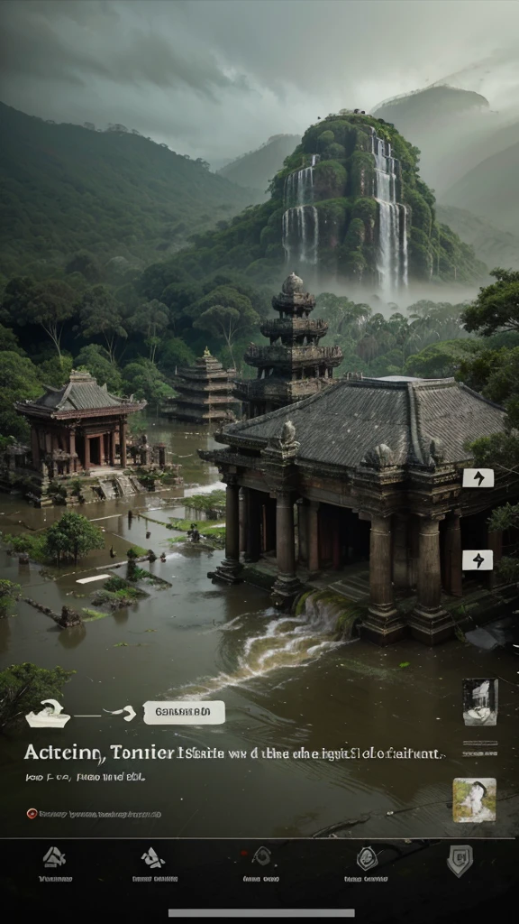 Create a dramatic scene of an ancient temple complex in a dense, foggy forest being overwhelmed by a severe flood. The view should be from a high, almost aerial perspective, capturing the entirety of the devastation. Traditional temple buildings with sloping roofs and intricate designs are partially submerged, with turbulent, muddy water rushing through the complex. Tall palm trees and thick forest vegetation surround the area, adding to the sense of isolation. The atmosphere is chaotic and intense, with a misty, greenish-gray color palette that conveys a sense of foreboding. The floodwaters should appear forceful and destructive, emphasizing the severity of the natural disaster impacting this serene yet vulnerable temple setting.