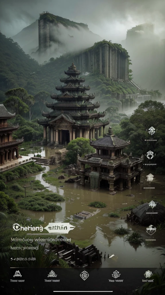 Create a dramatic scene of an ancient temple complex in a dense, foggy forest being overwhelmed by a severe flood. The view should be from a high, almost aerial perspective, capturing the entirety of the devastation. Traditional temple buildings with sloping roofs and intricate designs are partially submerged, with turbulent, muddy water rushing through the complex. Tall palm trees and thick forest vegetation surround the area, adding to the sense of isolation. The atmosphere is chaotic and intense, with a misty, greenish-gray color palette that conveys a sense of foreboding. The floodwaters should appear forceful and destructive, emphasizing the severity of the natural disaster impacting this serene yet vulnerable temple setting.