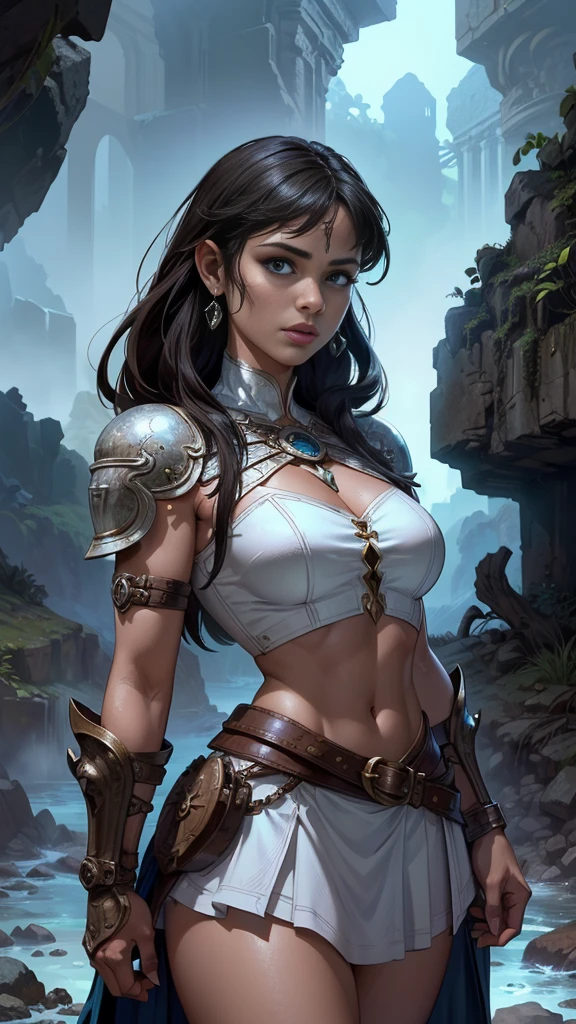 (La Best Quality,A high resolution,Ultra - detailed,actual),Selena Gómez with shein white checkered short skirt , and a white checked crop top , ,(Ruined dungeon ruins background:1.4 ),(cabello white canoso :1.4), More detailed 8K.unreal engine:1.4,UHD,La Best Quality:1.4, photorealistic:1.4, skin texture:1.4, Masterpiece:1.8,first work, Best Quality,object object], (detailed face features:1.3),(The correct proportions),(Beautiful blue eyes),  (cowboy pose),( Selena Gómez :1.4), (falda short cuadros shein white :1.4), Epic Fantasy Art Style HD, 4K fantasy art, epic fantasy digital art style, epic fantasy art style, Fantasy Woman, epic fantasy art portrait, Epic fantasy style, hyperrealistic fantasy art, hd fantasy art, Epic fantasy character art, epic fantasy art, in style of dark fantasy art, epic fantasy digital art, (anatomía perfecta :1.4), (estilo guerrera amazonas :1.4), (fondo plantas grandes silvestres :1.4), (estilo cuero de búfalo negro :1.4), (fondo piedras grandes cueva caverna lava :1.4), (fantasy tenebroso bosque encantado noche :1.4) 