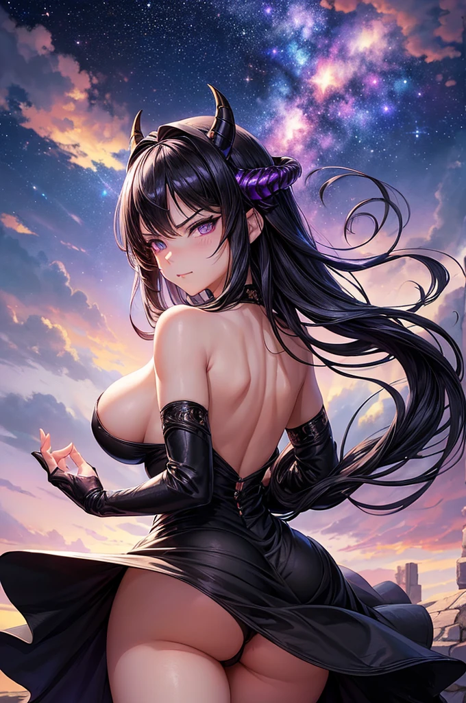 (masterpiece), best quality, expressive eyes, perfect face, (nsfw) not safe for work, 1girl, [highly detailed eyes], (highly detailed eyes), anime girl with long hair, goddess of the galaxy, nebula, dress, [upskirt], (upskirt}, godly stance, godly pose, head leaning on hand, hand on face, from below, seductive anime girl, [seductive face], mommy, milf, cleavage, ((floating)), no panties, anime best girl, an anime drawing inspired by Naka Bokunen, mature, solo, tall, normal body, dark theme, dark aesthetic, ((black hair with purple undertone)), stars on dress design, ((angry)), smirking, smirk, sexy, ((wind blowing dress up)). pussy, vagina, clit, assfangs, ((galaxy's goddess)), small black horns or black halo, nsfw, ((highly detailed vagina)), from behind, ass, lookin back, ((bending over)), presenting ass, bent infront of viewer, 