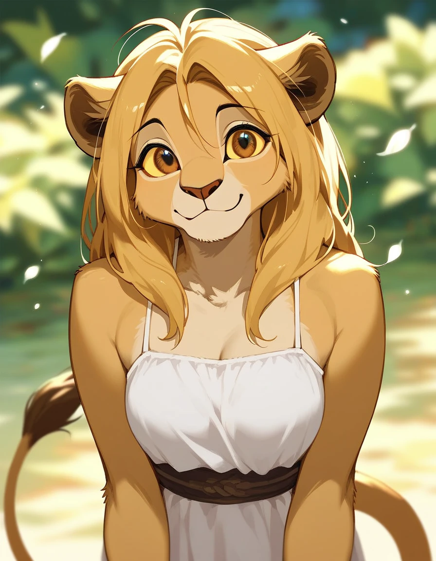 Solo, score_9,score_8_up,score_7_up, source_cartoon, kemono style, Kiara from the lion king, Anthro furry lioness girl, cute face, round face, brown eyes, yellow sclera, happy lion girl