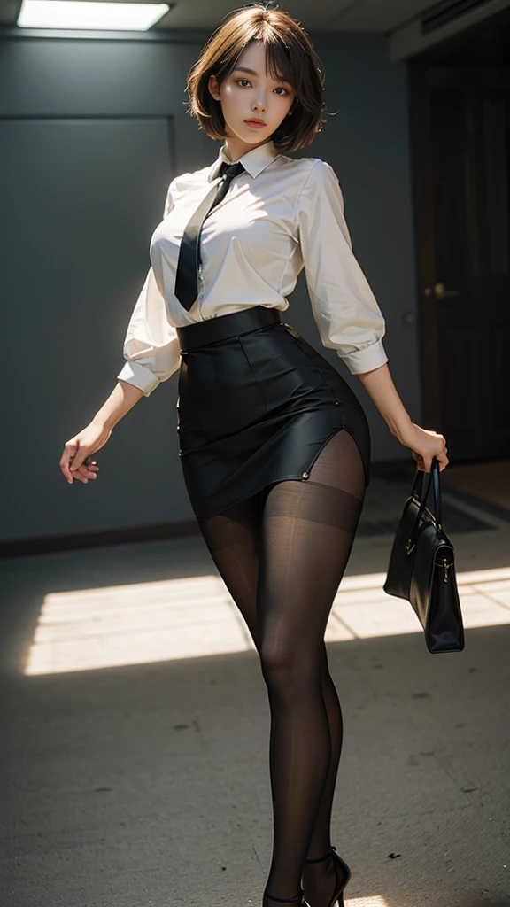 Real Makima Girl, shiny skin,big breasts,nice leg line:1.3, thin waist,, Thighhighs,tie,((pencil skirt)),looking at the viewer,from below,full body, ( pantyhose:1.3),(golden ratio numbers),sexy pose、masterpiece, highest quality, best perspective, Super detailed and intricate, very delicate and beautiful, highest quality light, (ray tracing:1.1), anti-aliasing,realistic,photorealistic,award-winning illustrations,(intricate details:1.2),(Delicate) (intricate details),(cinematic light,highest quality Backlights),clear line,sharp focus,official art,unity 8k wallpaper,disorganized,incredibly disorganized,huge file size,Super detailed,High resolution,extremely detailed very delicate and beautiful,Raw photo, professional lighting,dynamic lighting,light shines on your face,Depth of the bounds written,solo focus,Cool beauty Makima style woman,brown hair,Makima-style short hair,Accurately expresses Makima's facial and skin texture details,beautiful eyes,double eyelid,delicate skin,slender body shape,alone,Sexy Makima、charming smile、sexy suit