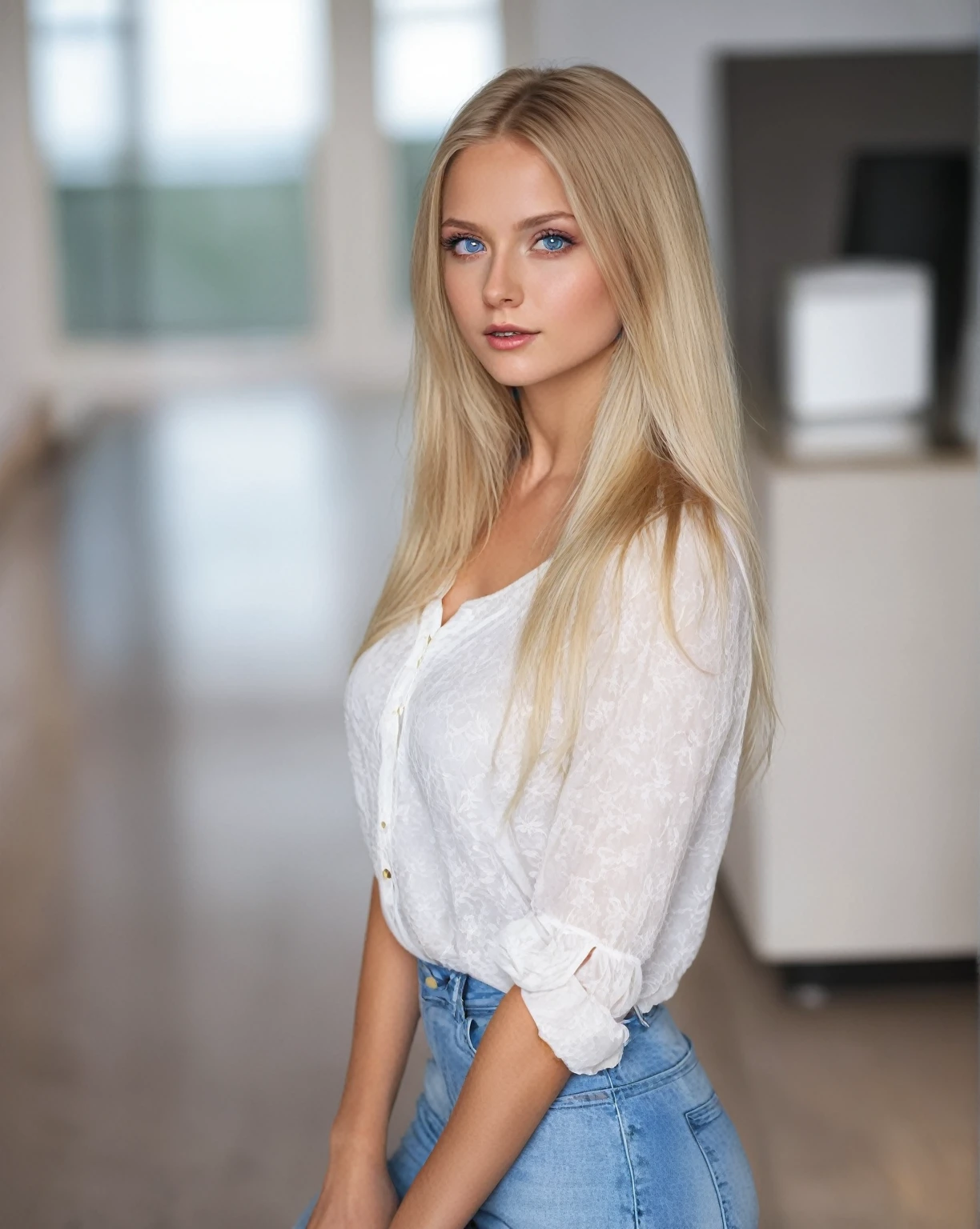 blonde woman with blue eyes and a white blouse posing for a photo., beautiful blonde girl, with long blonde hair, swedish blonde woman, cute young woman, a beautiful blonde, pose casual, Photo of a model, a complete portrait of the nordic woman, 2 4 year old female model, young blonde, Mia Kischner, long blonde hair and big eyes, blonde girl