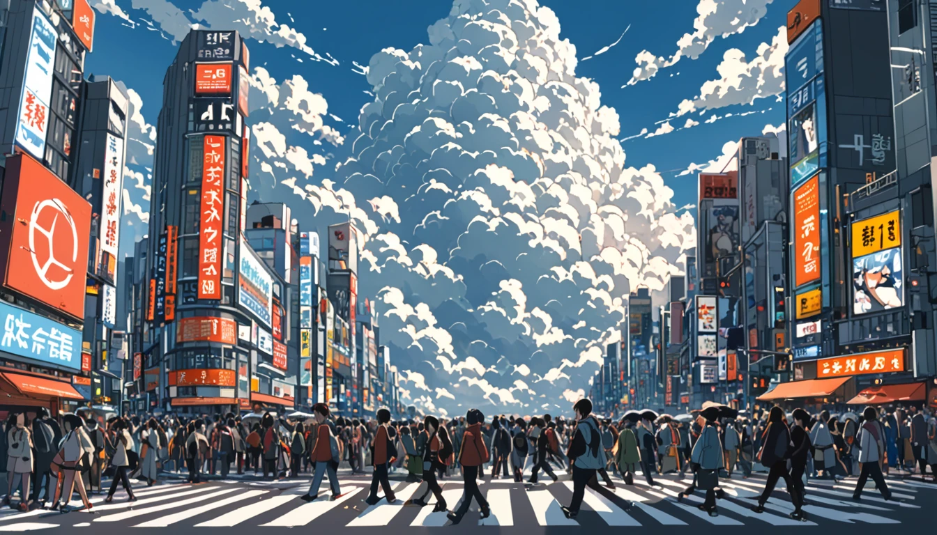 ((Anime: 1.4, Illustration)), (Masterpiece, Top Quality, Best Quality), (Ultra-Detailed, Absolutely Resolution), ((16k, HIGH RES)) (Shibuya Scramble Crossing, Anime Style, Cumulonimbus Cloud, Blue Sky, Crowd), ( Anime: 1.4, Illustration)), (Masterpiece, Top Quality, Best Quality), (Ultra-Detailed, Absolutely Resolution). Ak {Lofi Art, Style of Laurie Greasley, Style of Makoto Shinkai, Anime Aesthetic}, BREAK {(Produces IMAGES WITH ITH INFORMATION THAN 40 Million Pixels with Cinematic-Like Detailed Textures S Hot on a Sony slur).}
