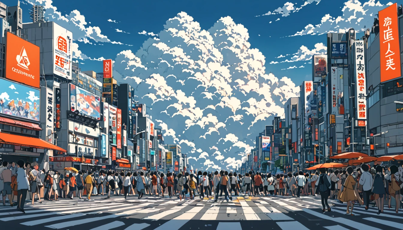 ((Anime: 1.4, Illustration)), (Masterpiece, Top Quality, Best Quality), (Ultra-Detailed, Absolutely Resolution), ((16k, HIGH RES)) (Shibuya Scramble Crossing, Anime Style, Cumulonimbus Cloud, Blue Sky, Crowd), ( Anime: 1.4, Illustration)), (Masterpiece, Top Quality, Best Quality), (Ultra-Detailed, Absolutely Resolution). Ak {Lofi Art, Style of Laurie Greasley, Style of Makoto Shinkai, Anime Aesthetic}, BREAK {(Produces IMAGES WITH ITH INFORMATION THAN 40 Million Pixels with Cinematic-Like Detailed Textures S Hot on a Sony slur).}