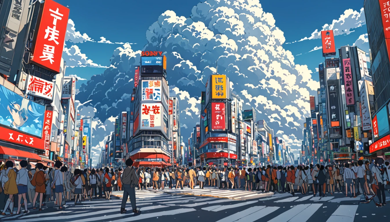((Anime: 1.4, Illustration)), (Masterpiece, Top Quality, Best Quality), (Ultra-Detailed, Absolutely Resolution), ((16k, HIGH RES)) (Shibuya Scramble Crossing, Anime Style, Cumulonimbus Cloud, Blue Sky, Crowd), ( Anime: 1.4, Illustration)), (Masterpiece, Top Quality, Best Quality), (Ultra-Detailed, Absolutely Resolution). Ak {Lofi Art, Style of Laurie Greasley, Style of Makoto Shinkai, Anime Aesthetic}, BREAK {(Produces IMAGES WITH ITH INFORMATION THAN 40 Million Pixels with Cinematic-Like Detailed Textures S Hot on a Sony slur).}
