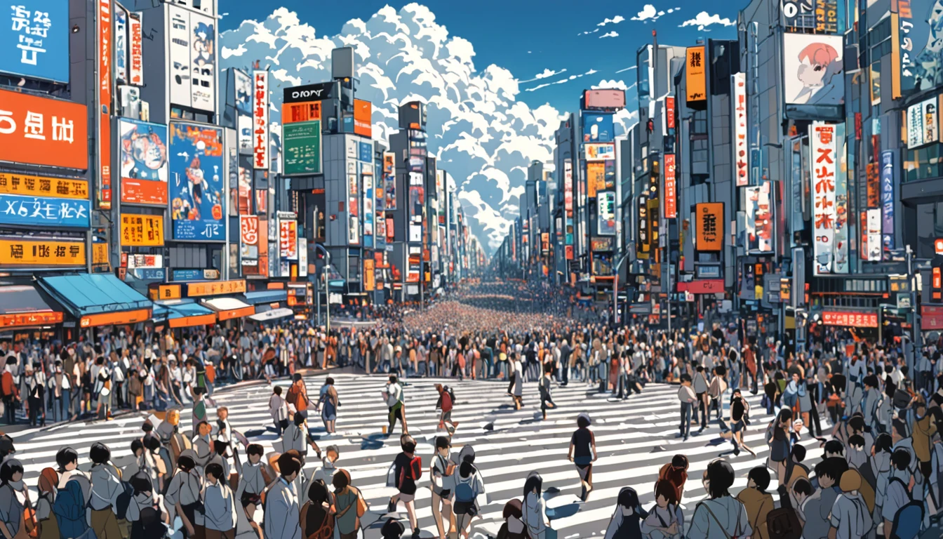 ((Anime: 1.4, Illustration)), (Masterpiece, Top Quality, Best Quality), (Ultra-Detailed, Absolutely Resolution), ((16k, HIGH RES)) (Shibuya Scramble Crossing, Anime Style, Cumulonimbus Cloud, Blue Sky, Crowd), ( Anime: 1.4, Illustration)), (Masterpiece, Top Quality, Best Quality), (Ultra-Detailed, Absolutely Resolution). Ak {Lofi Art, Style of Laurie Greasley, Style of Makoto Shinkai, Anime Aesthetic}, BREAK {(Produces IMAGES WITH ITH INFORMATION THAN 40 Million Pixels with Cinematic-Like Detailed Textures S Hot on a Sony slur).}