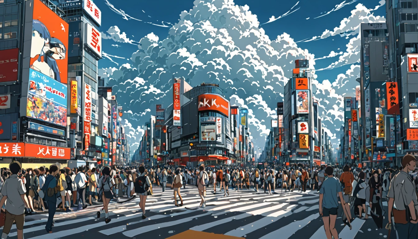 ((Anime: 1.4, Illustration)), (Masterpiece, Top Quality, Best Quality), (Ultra-Detailed, Absolutely Resolution), ((16k, HIGH RES)) (Shibuya Scramble Crossing, Anime Style, Cumulonimbus Cloud, Blue Sky, Crowd), ( Anime: 1.4, Illustration)), (Masterpiece, Top Quality, Best Quality), (Ultra-Detailed, Absolutely Resolution). Ak {Lofi Art, Style of Laurie Greasley, Style of Makoto Shinkai, Anime Aesthetic}, BREAK {(Produces IMAGES WITH ITH INFORMATION THAN 40 Million Pixels with Cinematic-Like Detailed Textures S Hot on a Sony slur).}