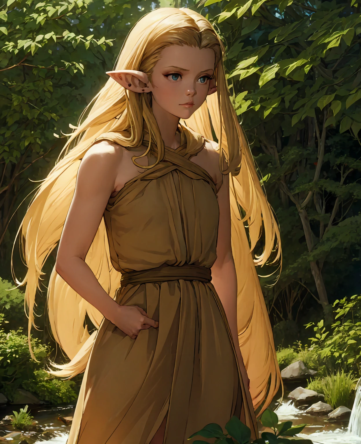 A beautiful young elf woman with long flowing hair, pointed ears, and a serene expression, 1girl, long hair, pointy ears, delicate facial features, elegant pose, fantasy forest background, lush vegetation, golden sunlight filtering through the trees, cinematic lighting, ethereal atmosphere, vibrant colors, highly detailed, 8k, masterpiece, photorealistic