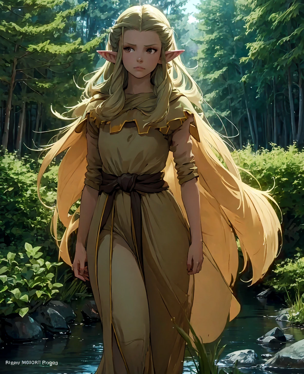 A beautiful young elf woman with long flowing hair, pointed ears, and a serene expression, 1girl, long hair, pointy ears, delicate facial features, elegant pose, fantasy forest background, lush vegetation, golden sunlight filtering through the trees, cinematic lighting, ethereal atmosphere, vibrant colors, highly detailed, 8k, masterpiece, photorealistic