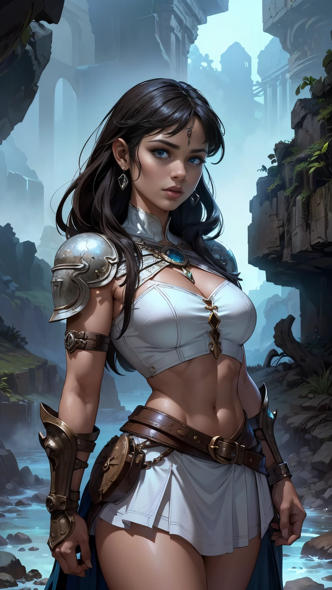 (La Best Quality,A high resolution,Ultra - detailed,actual),Selena Gómez with shein white checkered short skirt , and a white checked crop top , ,(Ruined dungeon ruins background:1.4 ),(cabello white canoso :1.4), More detailed 8K.unreal engine:1.4,UHD,La Best Quality:1.4, photorealistic:1.4, skin texture:1.4, Masterpiece:1.8,first work, Best Quality,object object], (detailed face features:1.3),(The correct proportions),(Beautiful blue eyes),  (cowboy pose),( Selena Gómez :1.4), (falda short cuadros shein white :1.4), Epic Fantasy Art Style HD, 4K fantasy art, epic fantasy digital art style, epic fantasy art style, Fantasy Woman, epic fantasy art portrait, Epic fantasy style, hyperrealistic fantasy art, hd fantasy art, Epic fantasy character art, epic fantasy art, in style of dark fantasy art, epic fantasy digital art, (anatomía perfecta :1.4), (estilo guerrera amazonas :1.4), (fondo plantas grandes silvestres :1.4), (estilo cuero de búfalo negro :1.4), (fondo piedras grandes cueva caverna lava :1.4), (fantasy tenebroso bosque encantado noche :1.4) 