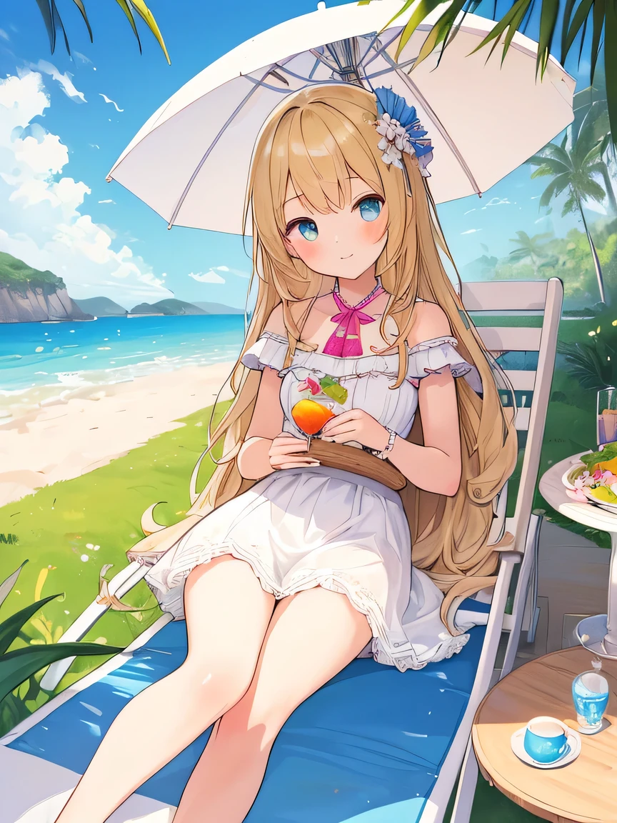 ((Masterpiece)), ((top quality)), very detailed, animated style illustration, 1girl, cute girl, solo, A beautiful girl lounging and relaxing on a deck chair placed under a white beach parasol, white floppy hat, (Salad on a side table:1.2).