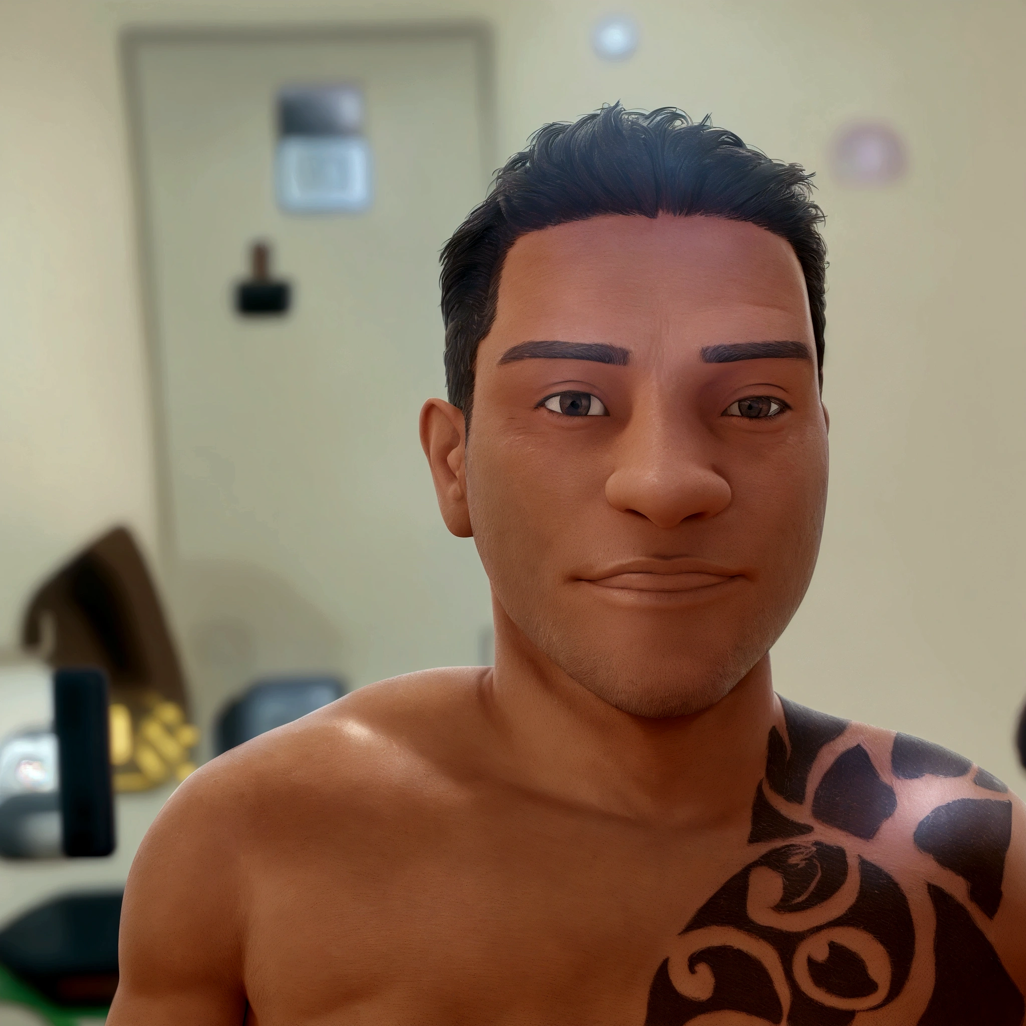 Man with a tattoo on his chest and arm, wearing tattoos, frontal image, 8k selfie photograph, lean man with light tan skin, he is about 30 years old, fine nose