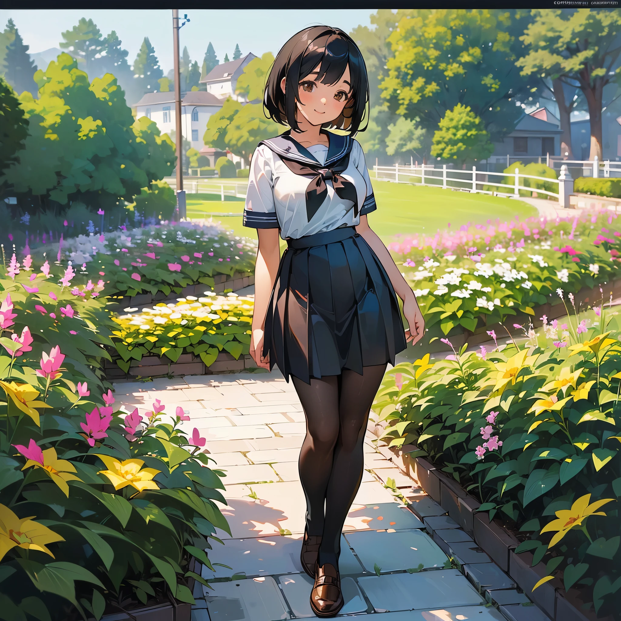 (Highest quality, High resolution, Super detailed, Realistic:1.37), Peaceful atmosphere, (Outdoor, garden), age girl standing alone,(my brea big.),Beautifully detailed features, Cute Smile, ((Black bob hair)),Short-sleeved sailor uniform, Pleated skirt,Black tights,Brown leather shoes.