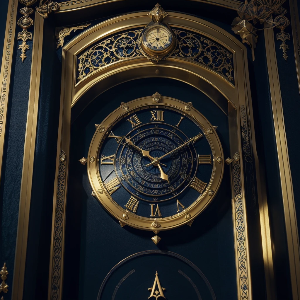 Create pictures a luxurious Grimoire book with a dominant dark blue cover featuring an intricate clock logo at its center, adorned with golden accents and embossed patterns. The open pages should showcase yellowish parchment paper with elegant, antique-style fonts and illustrations of time elements like clocks, gears, and hourglasses. The spine should have a dark blue background with golden lines and a small clock logo at the top, with the book's title in a luxurious font. Overall, the Grimoire should exude an overpowering, mystical aura with glowing time symbols floating around it, emphasizing its connection to time and luxury,fantasy 3d style,in a standing position
