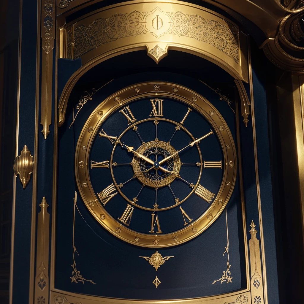 Create pictures a luxurious Grimoire book with a dominant dark blue cover featuring an intricate clock logo at its center, adorned with golden accents and embossed patterns. The open pages should showcase yellowish parchment paper with elegant, antique-style fonts and illustrations of time elements like clocks, gears, and hourglasses. The spine should have a dark blue background with golden lines and a small clock logo at the top, with the book's title in a luxurious font. Overall, the Grimoire should exude an overpowering, mystical aura with glowing time symbols floating around it, emphasizing its connection to time and luxury,fantasy 3d style,in a standing position