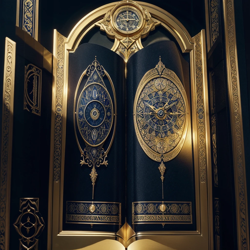 Create pictures a luxurious Grimoire book with a dominant dark blue cover featuring an intricate clock logo at its center, adorned with golden accents and embossed patterns. The open pages should showcase yellowish parchment paper with elegant, antique-style fonts and illustrations of time elements like clocks, gears, and hourglasses. The spine should have a dark blue background with golden lines and a small clock logo at the top, with the book's title in a luxurious font. Overall, the Grimoire should exude an overpowering, mystical aura with glowing time symbols floating around it, emphasizing its connection to time and luxury,fantasy 3d style,in a standing position