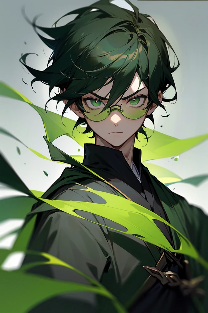 (masterpiece, best quality, perfect face, expressive eyes), 1boy, (anime), (male), (adult), (black hair), green gradient hair, green eyes, black scholar robes, (green tainted glasses), black gloves. upper body, serious face, camera points towards them,