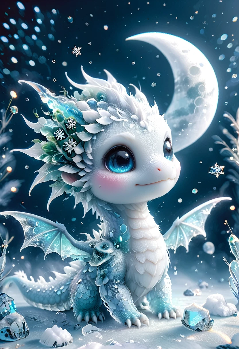 absurdres, highres, ultra detailed, HDR, master piece, best quality, small white dragon, cute, solo, magic, ice flowers, snowflakes, ice, magical, fantasy, glass, ice moon, starry sky, ice style