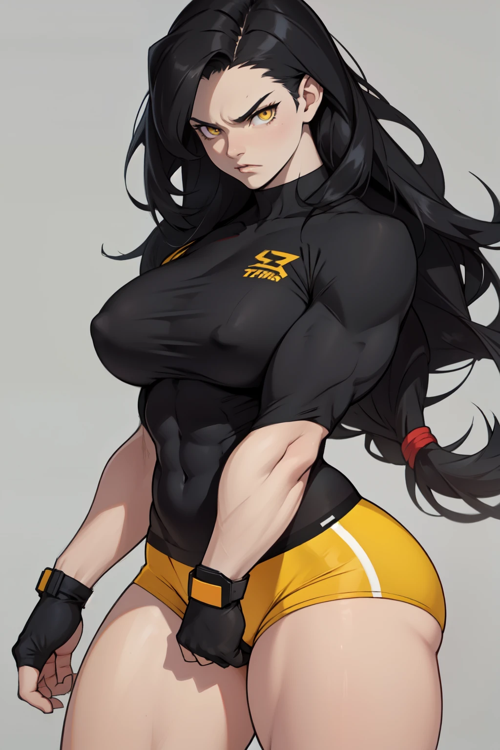 ((1girl)) pale skin large breasts (muscular) toned body thick thighs black hair yellow eyes (long hair grey background) bodybuilder angry tight shirt