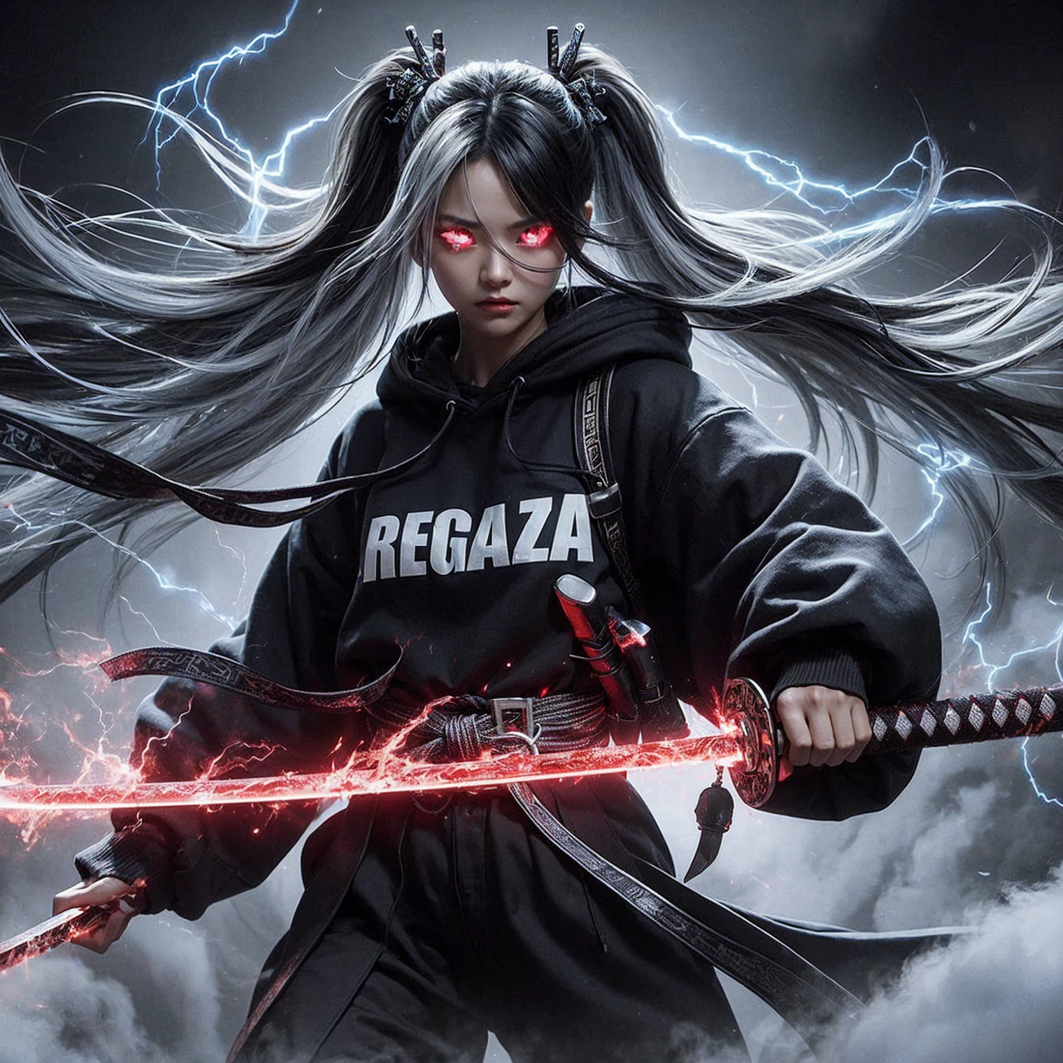 A beautiful Korean woman appears as metallic white smoke in HD quality. She has Mangekyo Sharingan eyes and long black hair with gray streaks, tied into two ponytails. She wears a black hoodie with "Regaza" written on it, and black pants. Floating with an angry expression, she holds glowing red katanas in both hands. The background is a bold gray room with blue lightning flashes. Detailed, UHD, realistic, 8K quality.