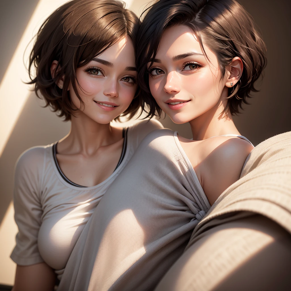 1 adult woman, very short hair, with the parting of the hair to the side, It is brown with some white gray hair., Brown eyes, smiling, has a maternal aura, He is of medium build, close up image for profile photo