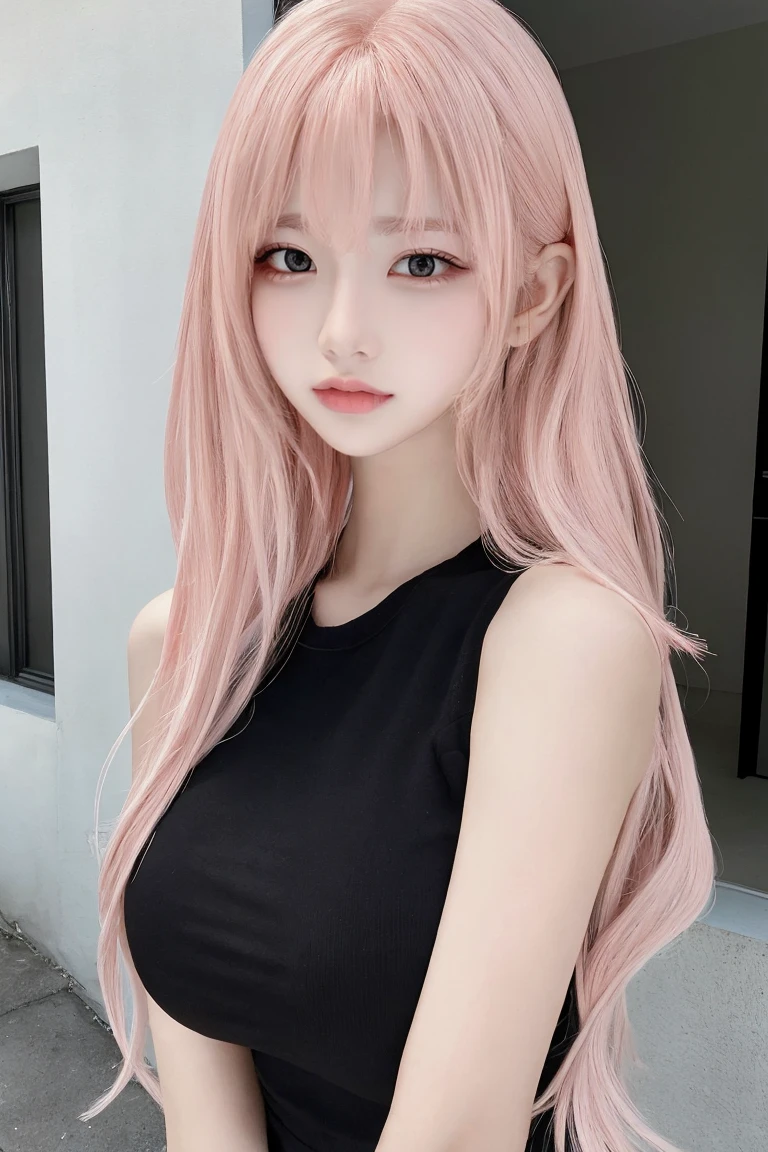 Full body image:1.2,Pink Hair、masterpiece、Highest quality、Extremely detailed 8K、Ultra HD、Very detailedな、Very detailed、Very realistic、Photo realistic、Japanese、One Girl、High head rate、Beautiful realistic face、Realistic face in every detail、High detail, Realistic Hair、Beautiful and realistic hairstyles、Beautiful and realistic eyes、hVery detailed realistic eyes、Proportional eyes、HVery detailed pupils、Very detailedリアルな自然な眉毛、Very detailedリアルな唇、 Beautiful and realistic lips、Pink lipstick、Sexy lips、Realistic and well-proportioned breasts、Realistic medium sized breasts、Slim Abs、Very detailed皮膚、、Sleeveless black tank top:1.5、Outside the university campus:1.2