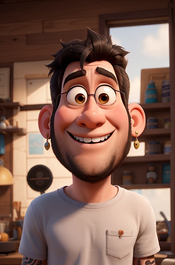 pixar, disney, earrings in both ears , Grinning , black hair to the side , scruffy beard , tattoo on arm , offwhite