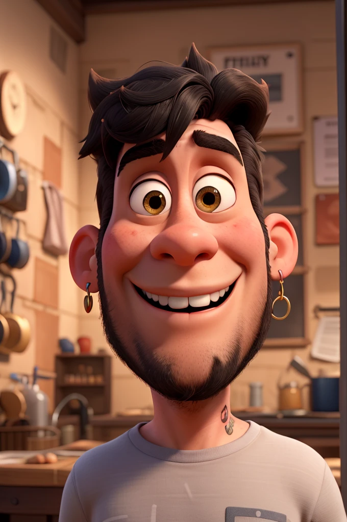 pixar, disney, earrings in both ears , Grinning , black hair to the side , scruffy beard , tattoo on arm , offwhite