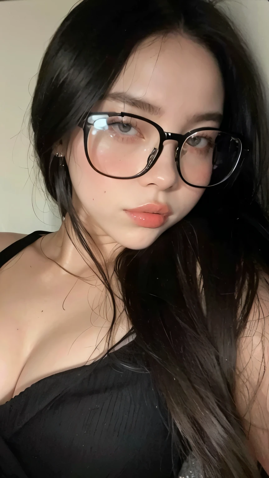 girl , black hair , spectacles , grey bikini top , smooth skin , hourglass body ,
