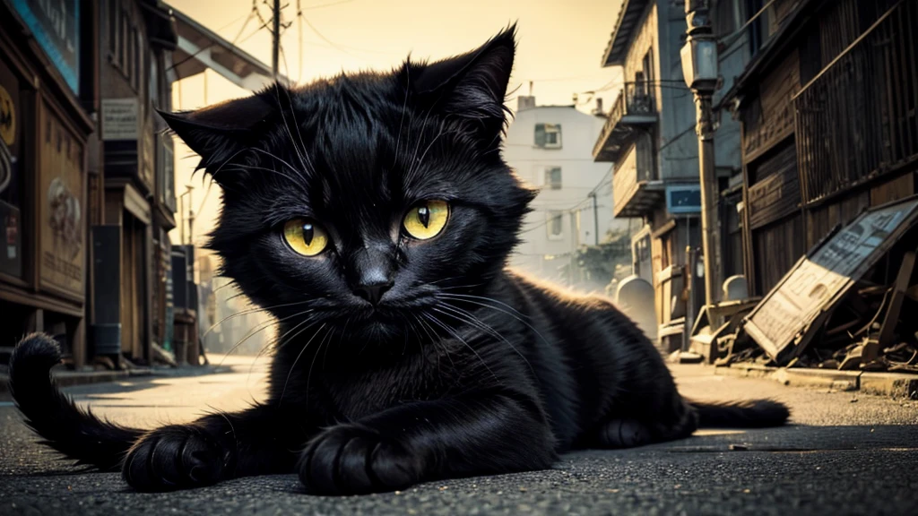 A distorted world The journey of the cute black cat Yellow eyes stared at the viewer.