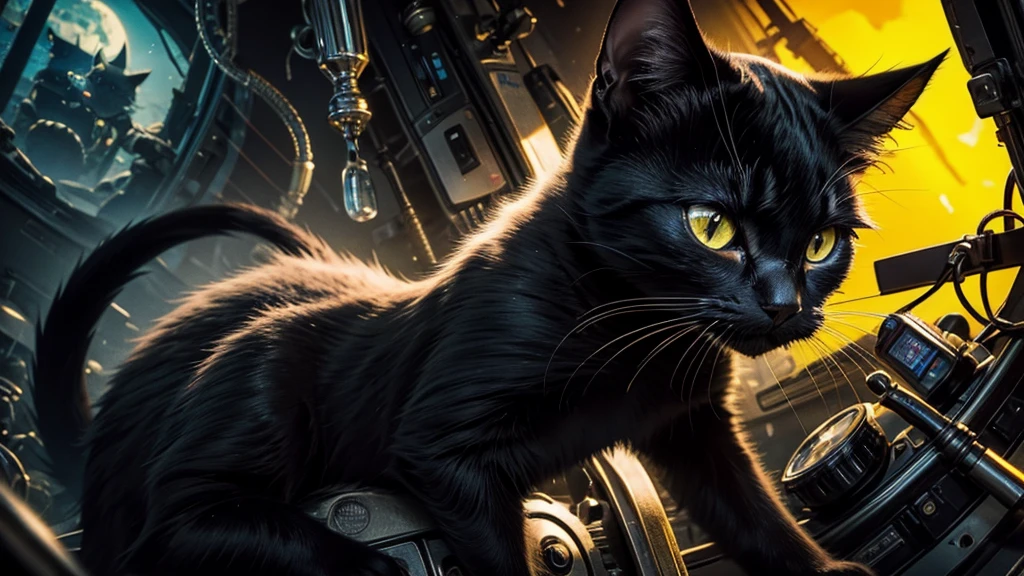 A distorted world The journey of the cute black cat Yellow eyes stared at the viewer.