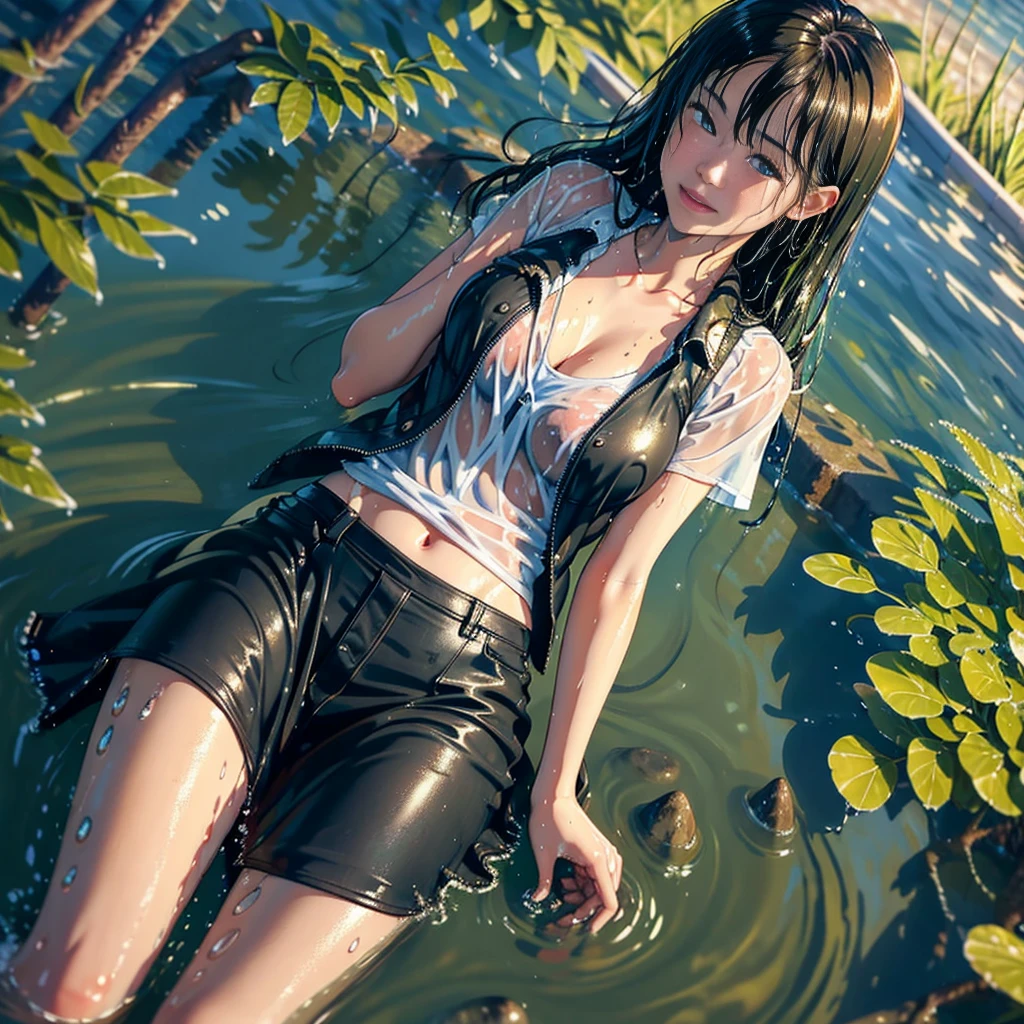 Japanese woman sitting in the water, layered clothing, (long sleeved shirt), (vest), (long denim skirt), colorful clothes, glistening wet, closeup fantasy with water magic, beautiful maiden, cleavage, tranquil lagoon, sunlight, heat, steam, smile, wearing clothes made of water, realistic oil painting, dripping wet, in water up to her shoulders, beautiful realistic photo, nymph in the water, hyperrealist portrait in a river, hyperrealistic fantasy photo, splashing, realistic fantasy painting, cute shot, narrow depth of field, 8k, ((drenched)), ((soaked)), ((dripping water)), dripping oil, heavy clothes, soaked in oil, wet all over, wet dripping hair, varied poses, wet hair