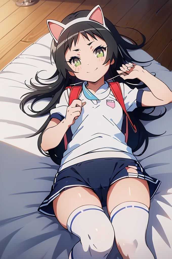 masterpiece, ultra quality, ultra sharp, ultra detailed, 1girl, solo, (((good anatomy))), haduki kurumi, (tattered torn dripping wet white gym shirt), navy gym pants, animal ears, randoseru, name tag, Japanese anime pose, laugh, BurumaShorts, Buruma, Gym Uniform, (((lying:1.4,  spread_legs, legspread, split_legs, spreading legs)), (randoseru backpack:1.4), (((smirk smile))), buruma, blue buruma, black buruma, (cameltoe), (tattered torn short sleeve white gym uniform with colored hem), (tiny nipples), (white long loose socks), strong lighting, legspread, bukkake, cum on clothes, cum on legs, cum on buruma, cum on bloomers,