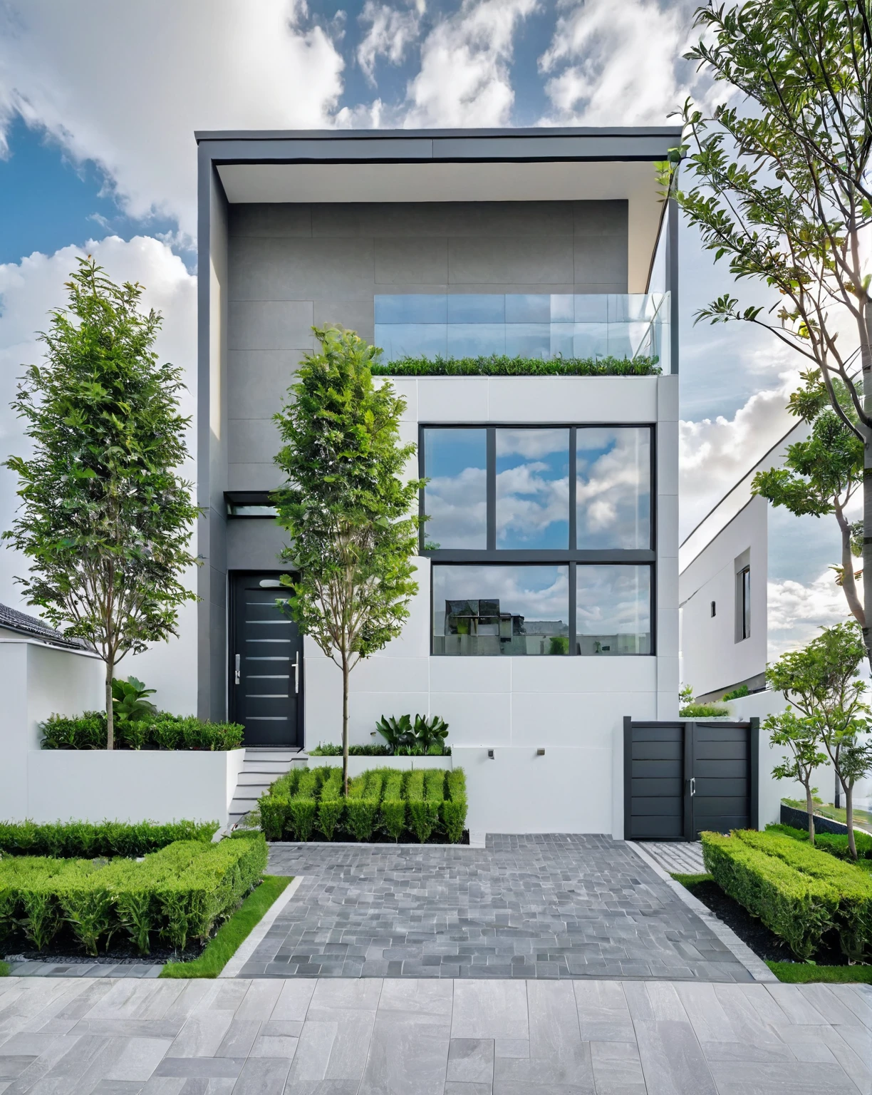 Raw photo, masterpiece, high quality, best quality, realistic, super detailed, outdoor, 2-storey house, modern townhouse style, (white wall), curved wall facade, aluminum interior door glass, curved planter, gray tiled accent wall, gray iron box exterior gate, road, sidewalk, grass, trees, sky, clouds, (daylight):1.1)