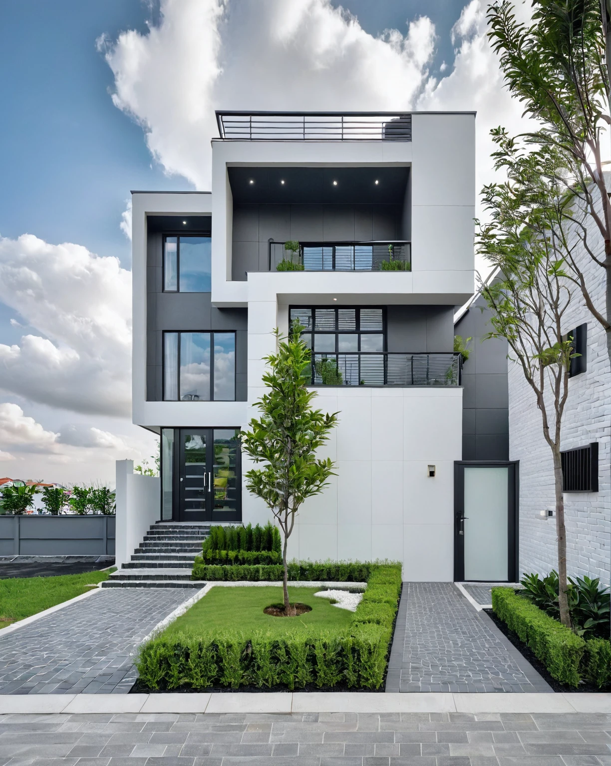 Raw photo, masterpiece, high quality, best quality, realistic, super detailed, outdoor, 2-storey house, modern townhouse style, (white wall), curved wall facade, aluminum interior door glass, curved planter, gray tiled accent wall, gray iron box exterior gate, road, sidewalk, grass, trees, sky, clouds, (daylight):1.1)