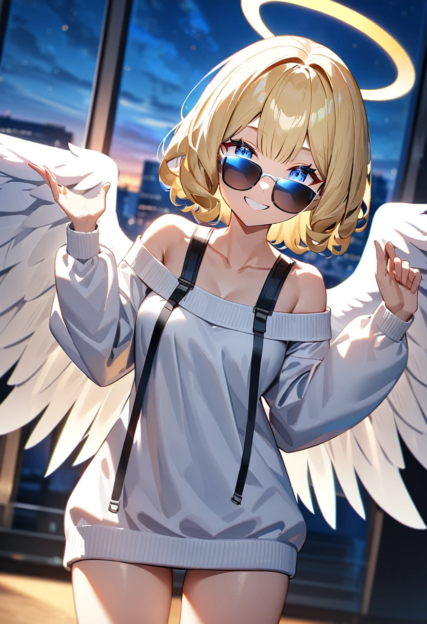 ((flying in the sky)), ((angel, big big white wings:1.3, halo:1.3)), ((sky)), (((sunglasses, hand to sunglasses))), (((cowboy shot))), archangel Uriel, ((wavy hair, inward curled hair)), evening, Sunset, ((blond hair, bob cut:1.3)), breasts, teenager, (looking at viewer), oversized clothes, puffy long sleeves, collarbone, ((off-shoulder sweater:1.3, Quite thick shoulder straps)), ((white sweater)), collarbone, head tilt:1.3, (((blue eyes))), ((happy smile)), (((anime style))), (best quality, 4K, 8K, highres, masterpiece:1.2, ultra-detailed, ultra-detailed eyes, HDR, uhd, studio lighting, ultra-fine painting, sharp focus, physically-based rendering, extreme detail description, professional, vivid colors, bokeh)