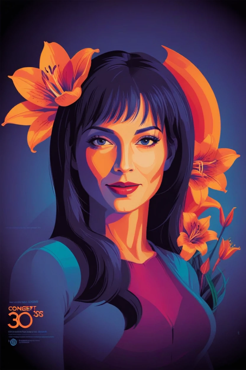 concept poster a 30 years WOman, full body portrait at amazon lily . digital artwork by tom whalen, bold lines, vibrant, saturated colors, detailed face,ceo