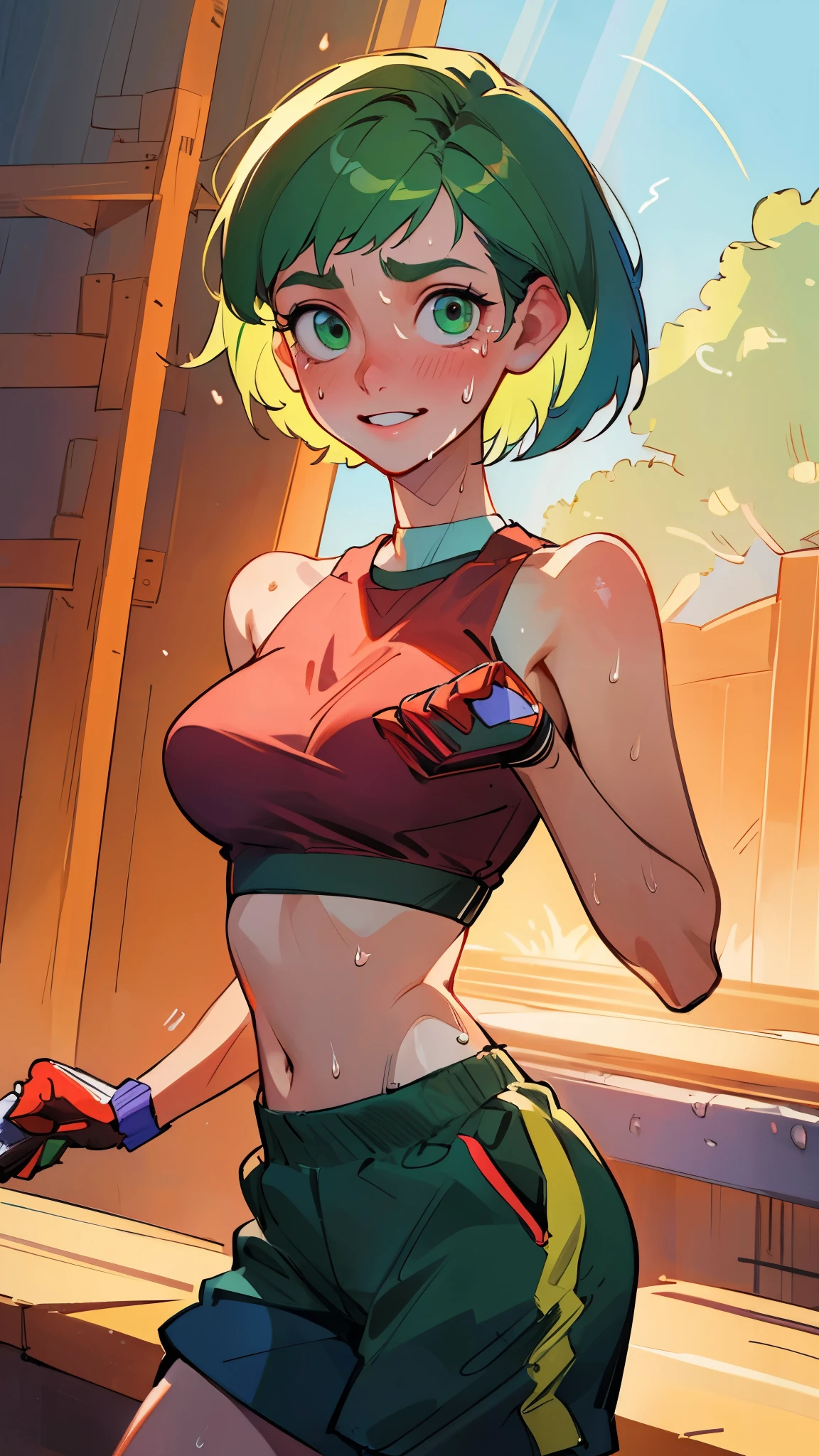 ((((masterpiece, best quality, high resolution)))), Extremely detailed 8K, 1 female, wearing a white crop top and black gym shorts, (Ultra HD, Ultra-detailed, Highly detailed, Highly realistic, Ultra-realistic, photograph realistic), (1girl:1.5), (Realistic green short hair), (dynamic poses), facing at camera, looking at viewer, (a smiling face), (regular hazel eyes, sharp eyes), (perky breasts:1.2), (beautiful detailed face, beautiful detailed eyes), ((slightly sweating)), (preparing for a workout), sweat, glow, (sunbeam, sunlight), ((cowboy shot)), gym background, seductive, EnvyBetterHands LoCon,