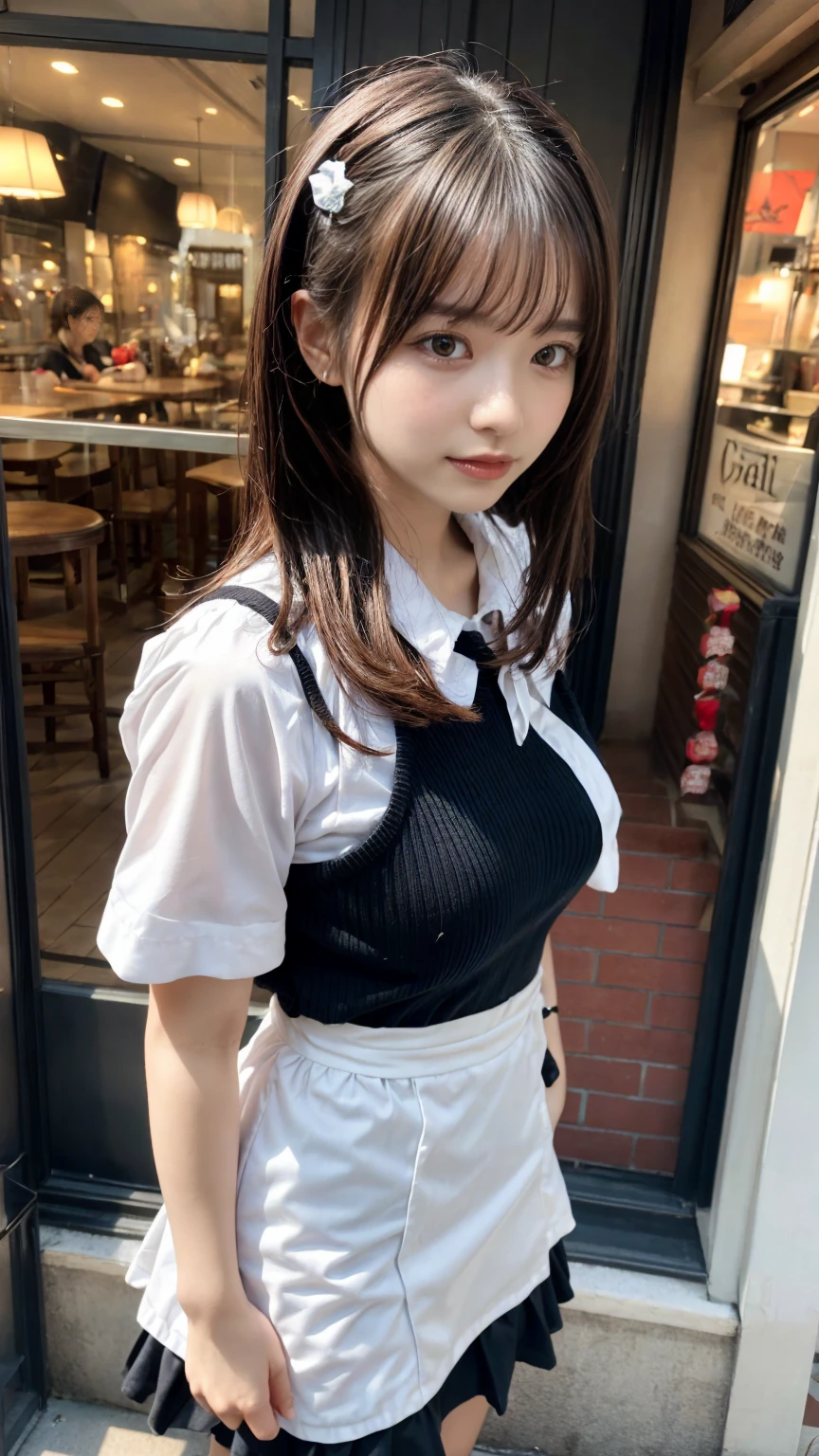 masterpiece, best quality, illustration, Super detailed, fine details, High resolution, 8K,wall paper, perfect dynamic composition,(Details High quality, realistic depiction of eyes:1.3), from side, standing,waitress uniform, restaurant, huge breasts, short bob hair、black hair color, Big Natural Color Lip, (perfect body shape), crying a little、cold gaze, Harajuku style、20 year old girl、cute type、lolita、beautiful legs, focus on crotch, full body photo, gravure idol