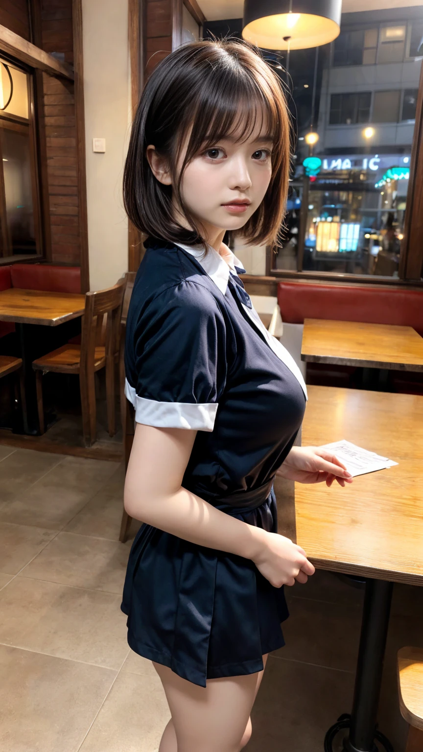masterpiece, best quality, illustration, Super detailed, fine details, High resolution, 8K,wall paper, perfect dynamic composition,(Details High quality, realistic depiction of eyes:1.3), from side, standing,waitress uniform, restaurant, huge breasts, short bob hair、black hair color, Big Natural Color Lip, (perfect body shape), crying a little、cold gaze, Harajuku style、20 year old girl、cute type、lolita、beautiful legs, focus on crotch, full body photo, gravure idol