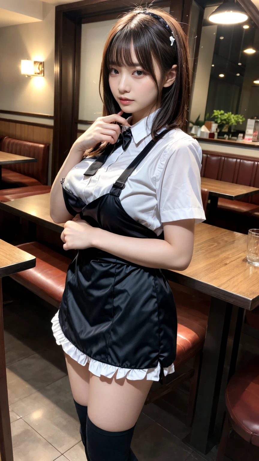 masterpiece, best quality, illustration, Super detailed, fine details, High resolution, 8K,wall paper, perfect dynamic composition,(Details High quality, realistic depiction of eyes:1.3), from side, standing,waitress uniform, restaurant, huge breasts, short bob hair、black hair color, Big Natural Color Lip, (perfect body shape), crying a little、cold gaze, Harajuku style、20 year old girl、cute type、lolita、beautiful legs, focus on crotch, full body photo, gravure idol