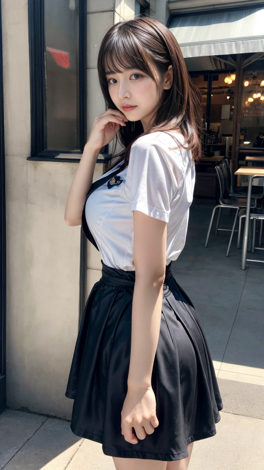 masterpiece, best quality, illustration, Super detailed, fine details, High resolution, 8K,wall paper, perfect dynamic composition,(Details High quality, realistic depiction of eyes:1.3), from side, standing,waitress uniform, restaurant, huge breasts, short bob hair、black hair color, Big Natural Color Lip, (perfect body shape), crying a little、cold gaze, Harajuku style、20 year old girl、cute type、lolita、beautiful legs, focus on crotch, full body photo, gravure idol
