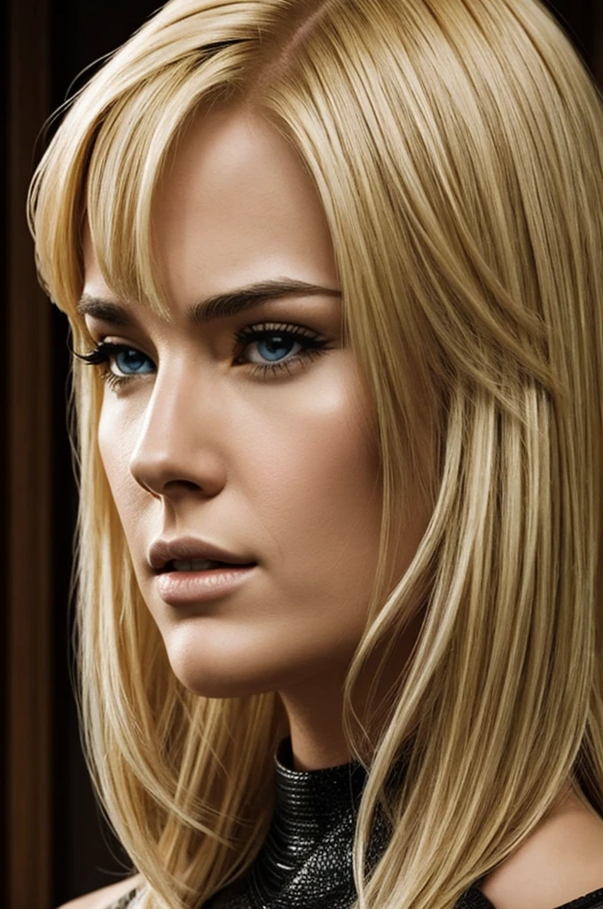 Blonde girl with serious face marvel version